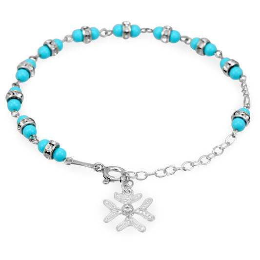 Turquoise Beads w/ Swarovski Crystal Rings Rosary Bracelet