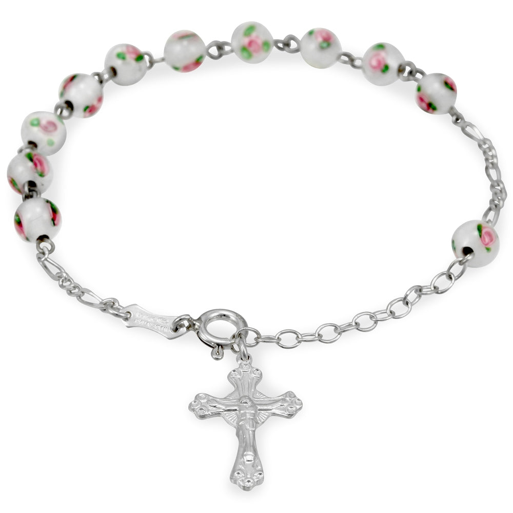 White Beads with Sterling Silver Rosary Catholic Bracelet