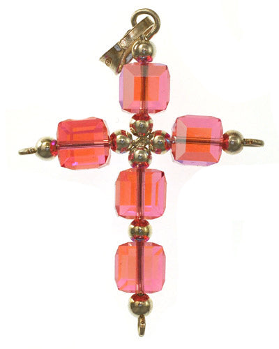Pink Swarovski Crystal Cross Catholic Pendant