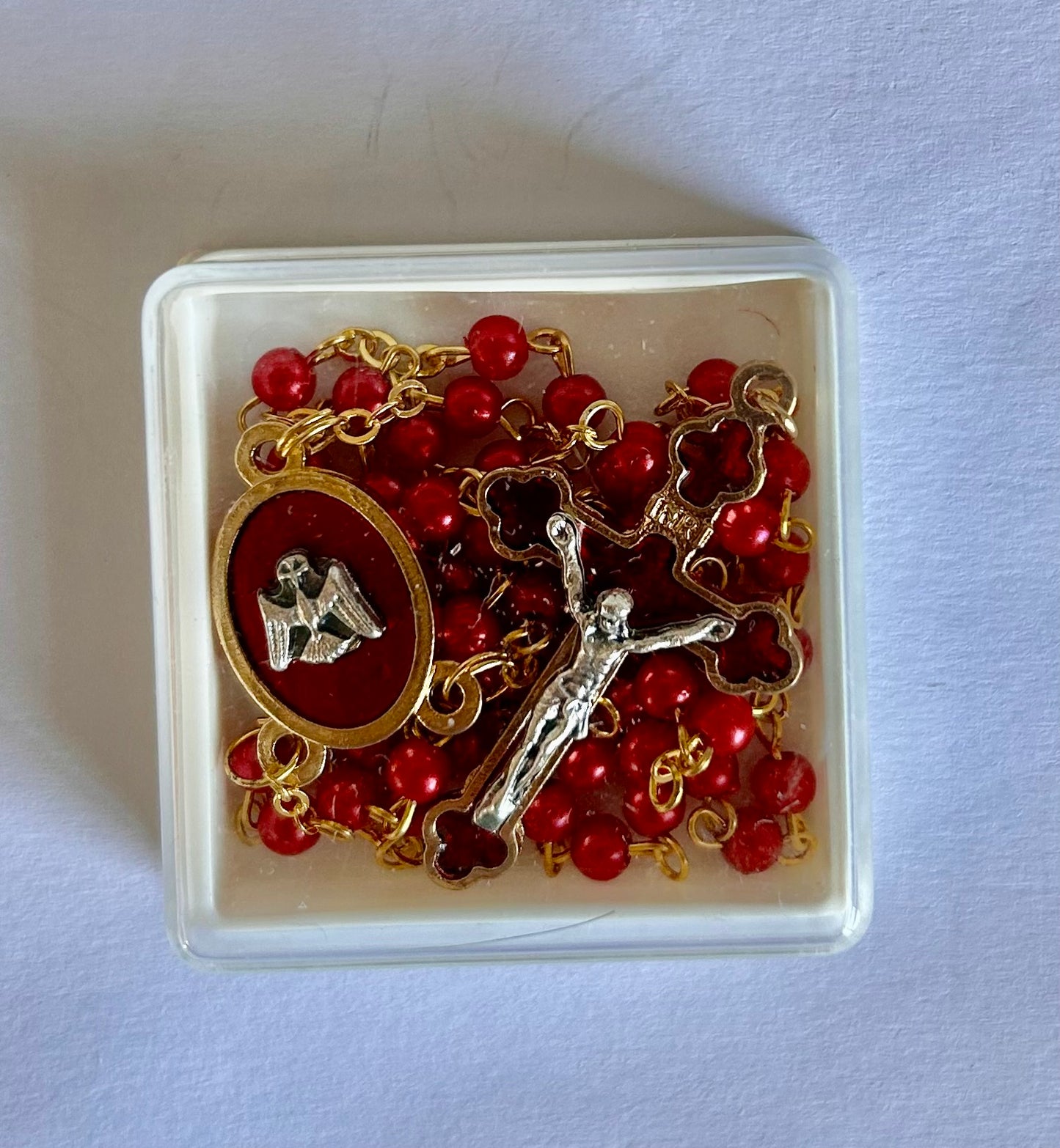 Rosary Red Glass Beads , Gold Links, Holy Spirit  Center