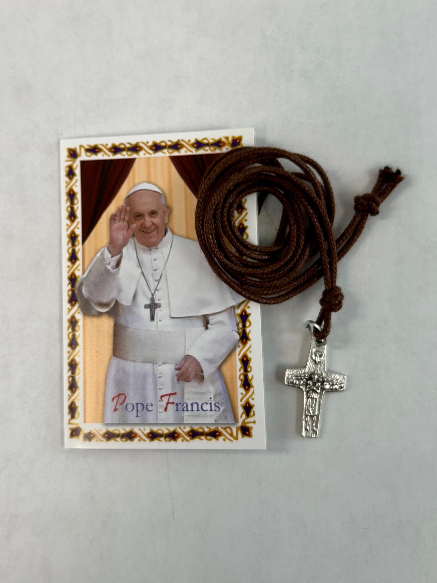 The Original Pope Francis Cross by Vedele, with brown cord necklace, 3/4 inch cross, Made in Italy