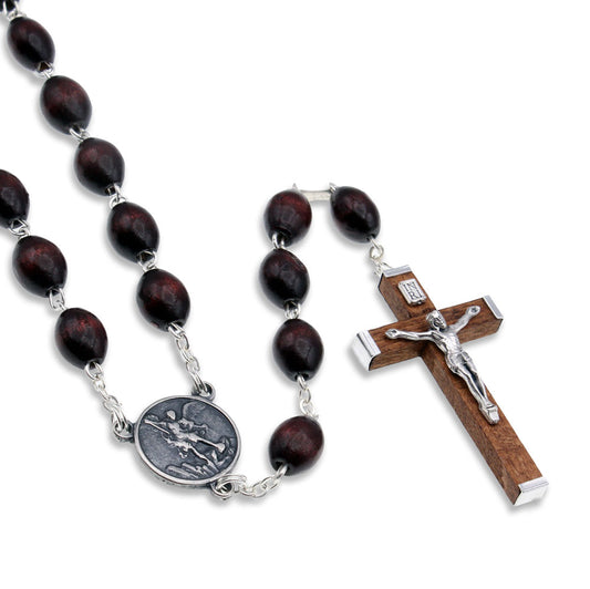 St. Michael Rosary Large Brown Wooden Beads and Wooden Crucifix