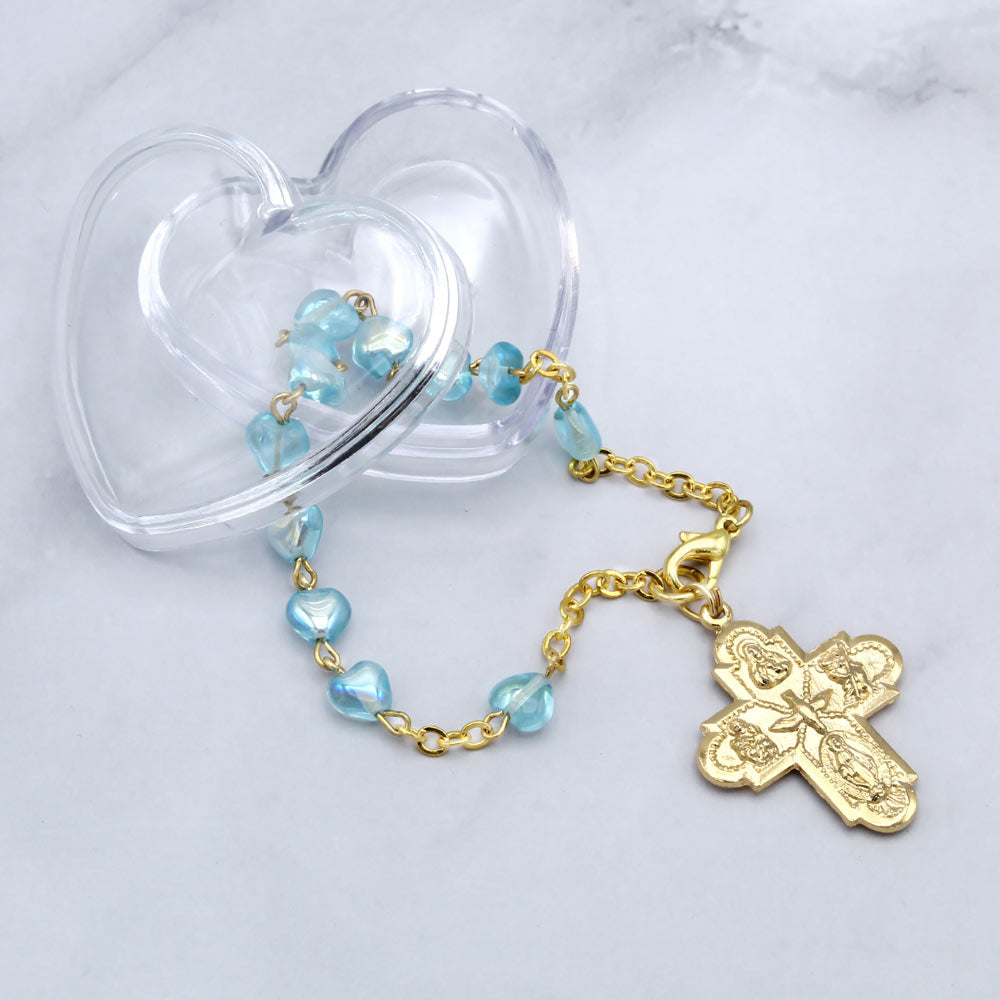 Gold Rosary Bracelet Aqua Heart Beads Gift Set