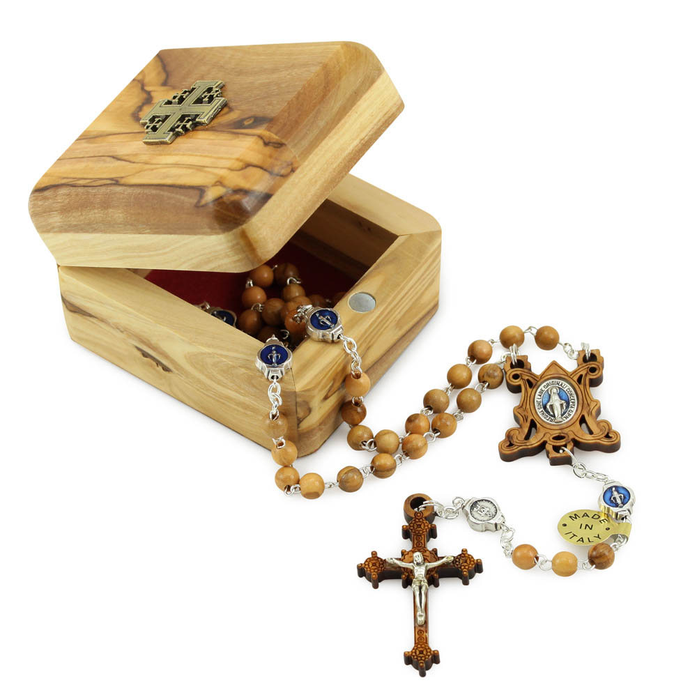 Olive Wood Beads Rosary and Jerusalem Cross Rosary Box