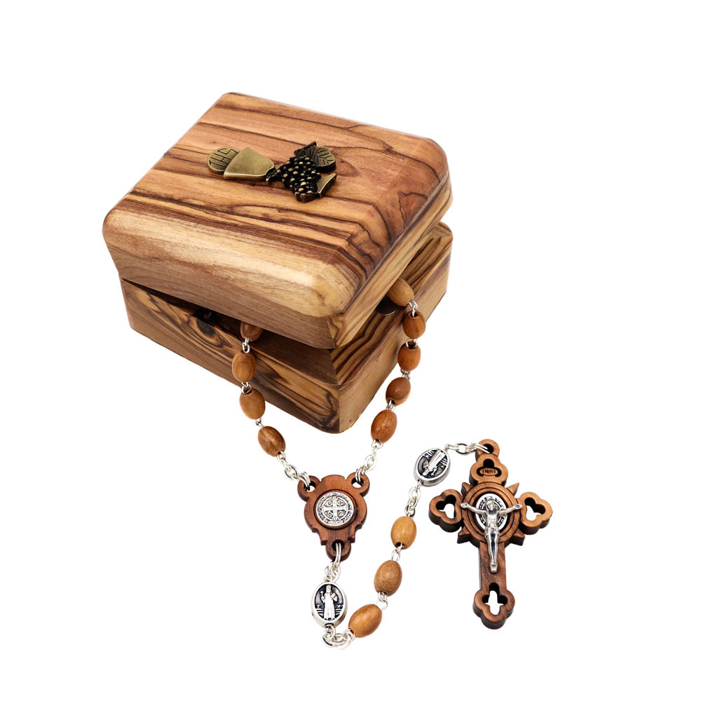 St. Benedict Olive Wood Rosary w/ Chalice Wooden Box
