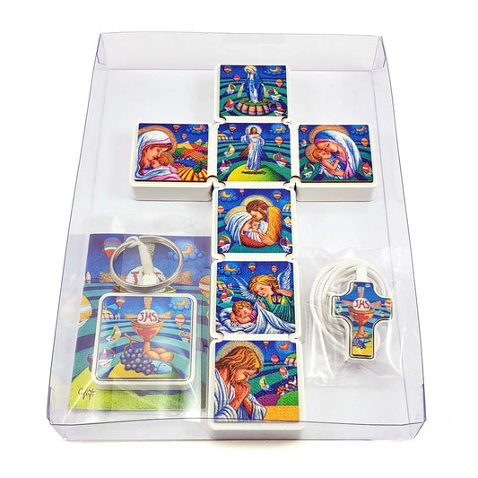 First Communion Gift Set -Wall Cross Colorful Artistic Wall Cross Pendant and Keyriing