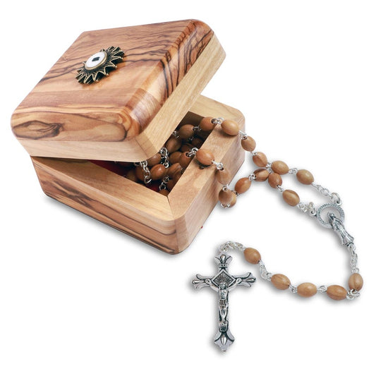 Rosary Gifts Set - Olive Wood Beads Rosary and Box with Relic