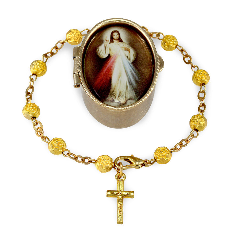Catholic Rosebud Beads Rosary Bracelet with Divine Mercy Box