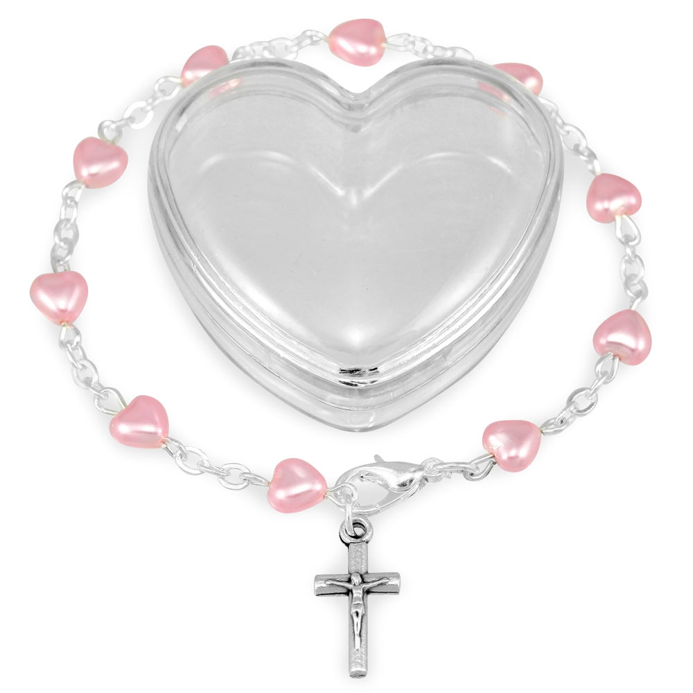 Pink Heart Beads Rosary Bracelet Gift Set