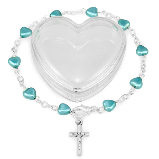 Blue Heart Beads Rosary Bracelet Gift Set