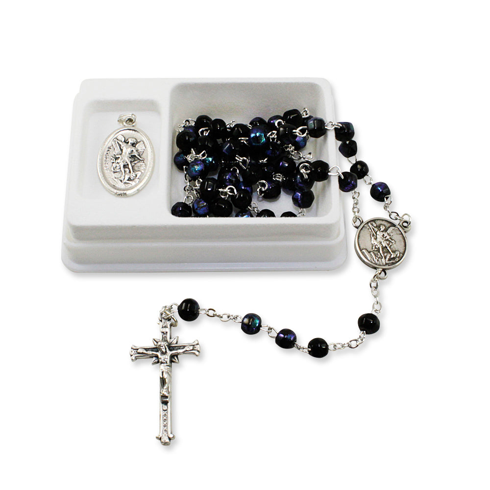 St. Michael Black Crystal Beads Rosary Gift Set