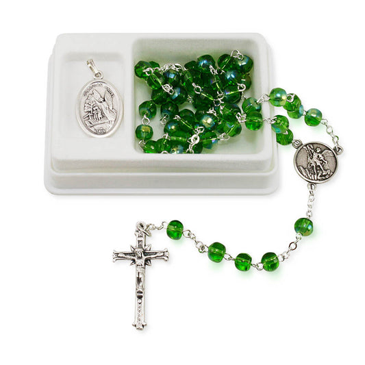 St. Michael Green Crystal Beads Rosary Gift Set