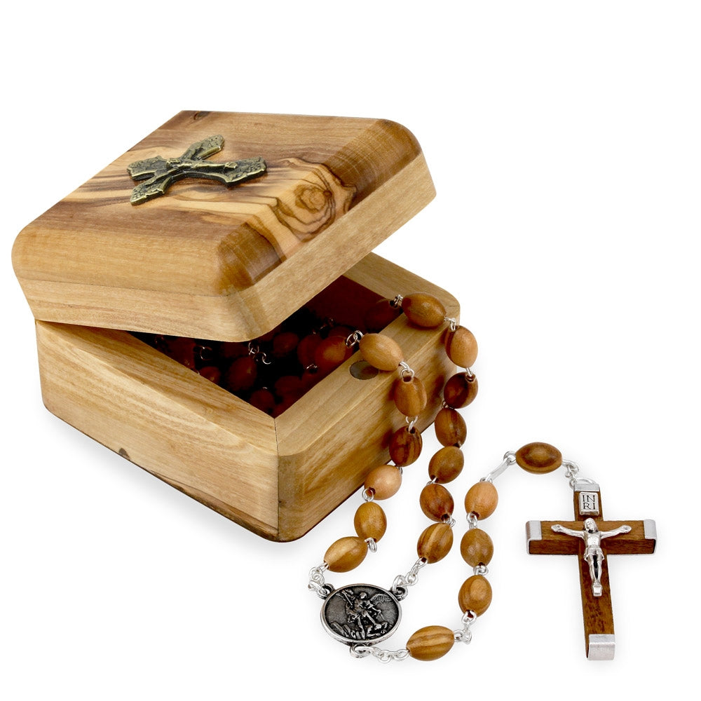 St Michael Olive Wood Rosary Gift Set